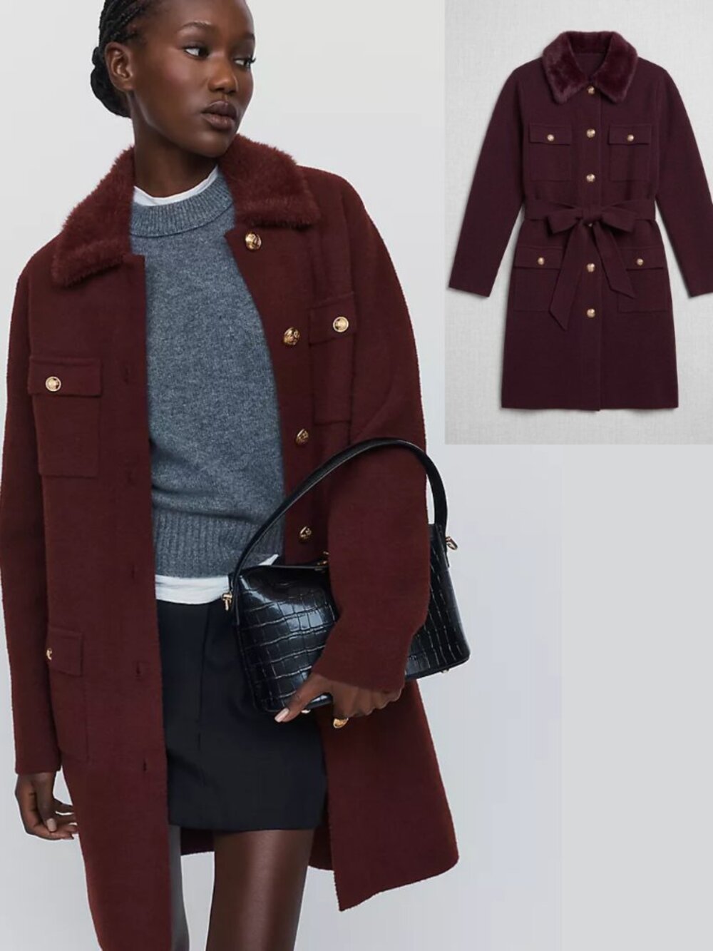 NVLT Anthropologie Military Belted Coatigan Faux Fur Collar Dark Plum Sweater